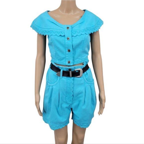 Paris Sport Club Vintage Denim Turquoise  Crop Top and High Waisted Shorts Set - Picture 1 of 16